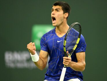 Mar 17, 2022; Indian Wells, CA, USA;  Carlos Alcaraz (ESP) celebrates in his quarterfinal match defeating Cameron Norrie (GBR) at the BNP Paribas Open at the Indian Wells Tennis Garden. Mandatory Credit: Jayne Kamin-Oncea-USA TODAY Sports